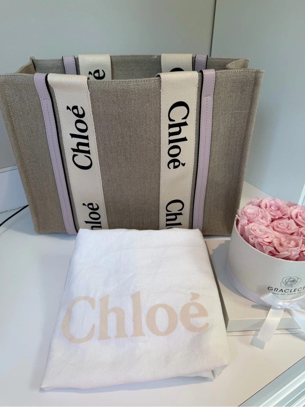 New Chloe Woody Large Tote with lilac Trim COA Dusty
